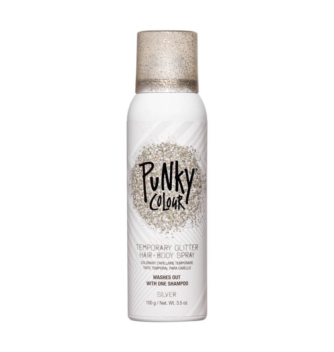 Punky Colour silver glitter spray front view – A full product shot of the Punky Colour temporary glitter spray for hair and body.