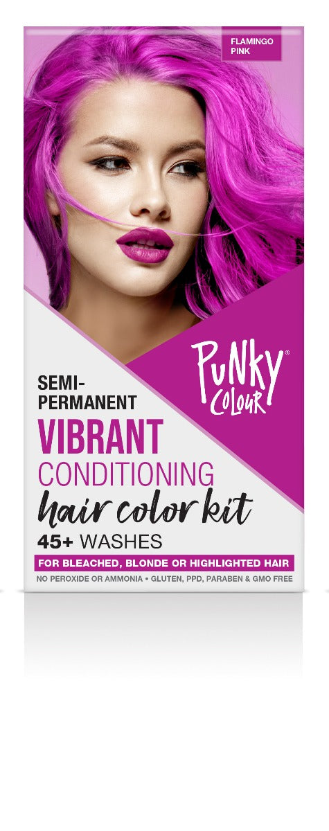 Front view of Punky Colour Semi Permanent Hair Color Kit Flamingo Pink box  featuring pink haired model & product description