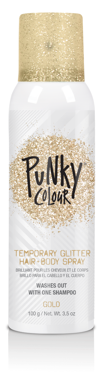 Punky Colour gold glitter spray front view – A full product shot of the Punky Colour temporary glitter spray for hair and body in shimmering gold.