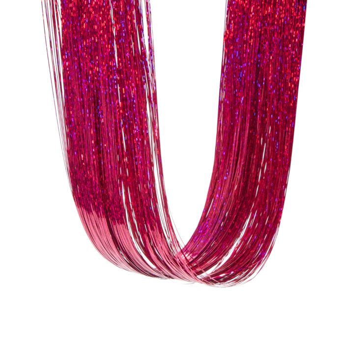 Close-Up of Red Glitter Hair Tinsel Strands – Shimmering Clip-In Extensions for Bold, Eye-Catching Hair Styles.