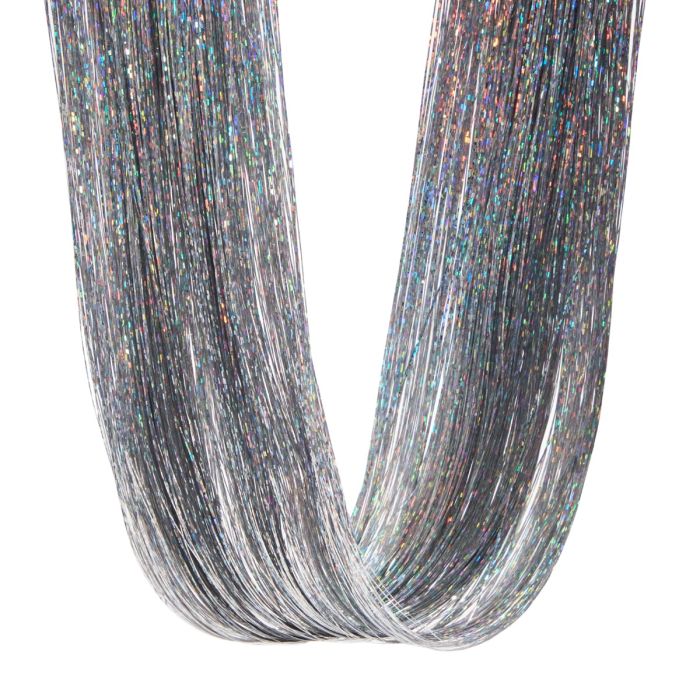 Close-up of Silver Punky Colour Mane Hair Tinsel Strands - Detailed view of metallic silver clip-in hair tinsel strands.