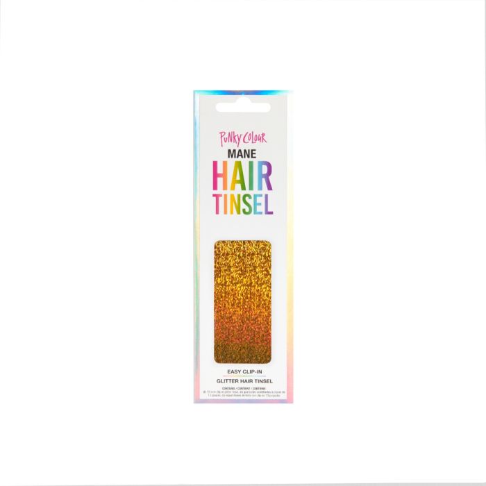 Punky Colour Mane Hair Tinsel in Gold Packaging - Clip-in glitter hair tinsel in shimmering gold for instant hair sparkle.