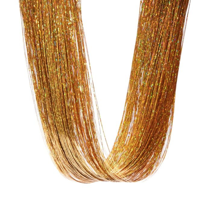 Close-up of Gold Punky Colour Mane Hair Tinsel Strands - Detailed view of metallic gold clip-in hair tinsel strands.