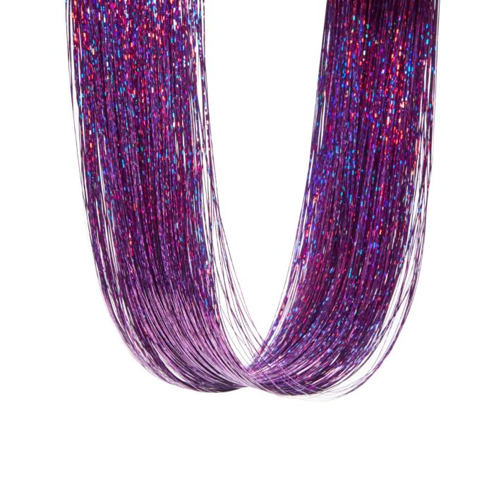 Punky Colour Mane Hair Tinsel Strands - Close-up of shimmering purple and pink hair tinsel for a bold and festive look.