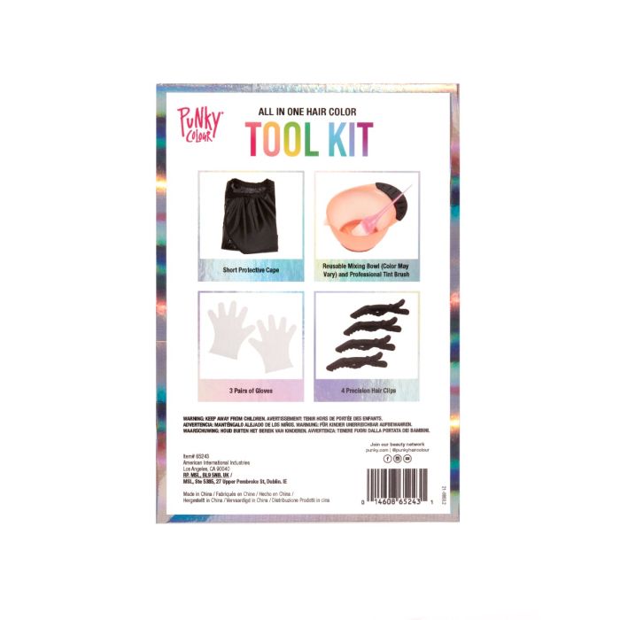 Punky Colour Tool Kit back panel showing contents: cape, mixing bowl, gloves, and precision clips.