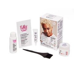 Punky Colour 40 Vol Bleach Kit Contents - Complete bleach kit with powder, developer, serum, brush, and mask for hair lightening.