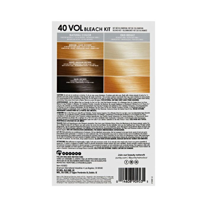 Punky Colour 40 Vol Bleach Kit Back Packaging - Shade chart showing bleach results on different hair colors for optimal lightening.