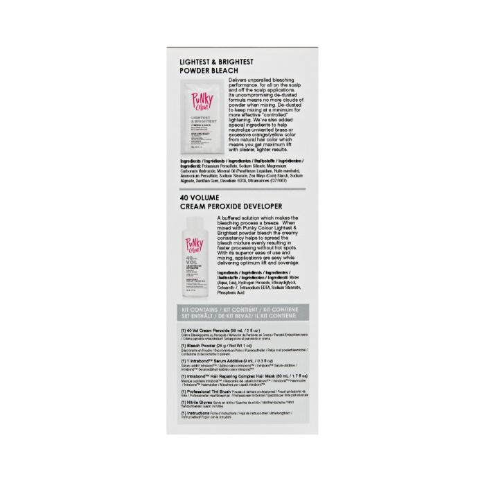 Punky Colour 40 Vol Bleach Kit Ingredients & Instructions - Details on powder bleach and 40-volume developer for safe use.