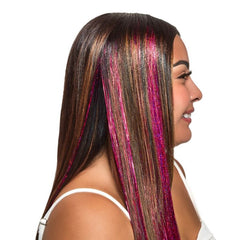 Model Wearing Punky Colour Red Hair Tinsel – Vibrant Clip-In Strands for a Fun and Glamorous Hair Look.