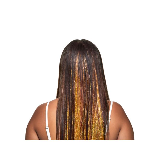 Back View of Model Wearing Gold Hair Tinsel - Woman showcasing long hair with shimmering gold hair tinsel highlights.