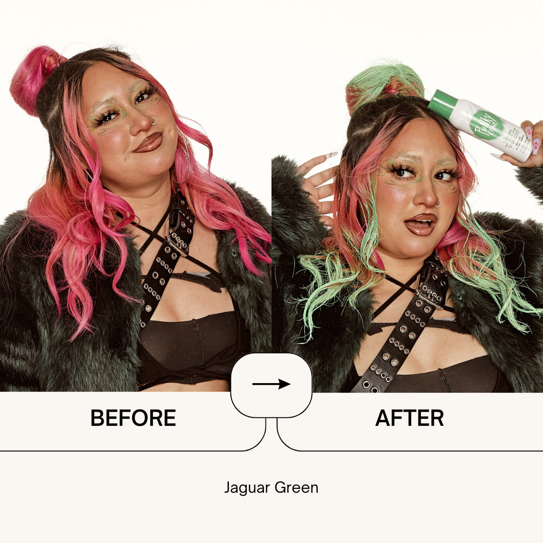 Jaguar Green Temporary Hair Spray Before & After – A side-by-side comparison showing pink hair transformed with Jaguar Green spray.