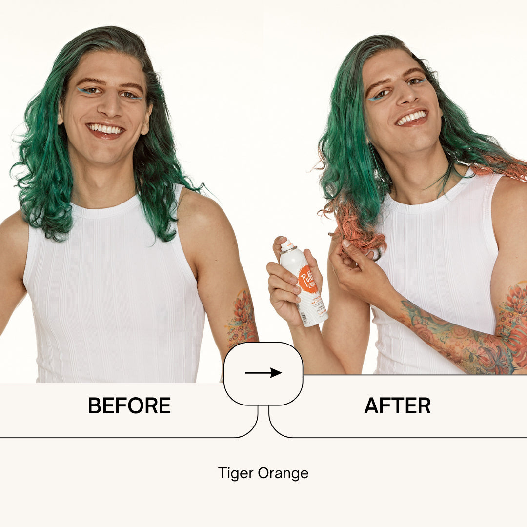 Punky Colour Tiger Orange hair spray transformation – Before and after images showing a model adding Tiger Orange highlights to their green hair.