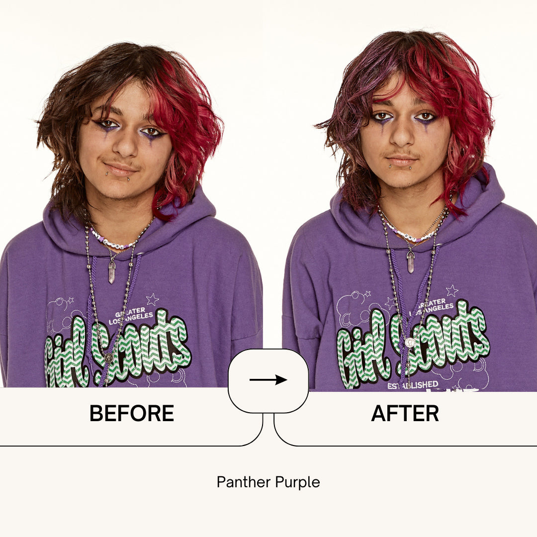 Punky Colour Panther Purple hair spray transformation – Before and after images showcasing a model's red and black hair enhanced with Panther Purple spray.