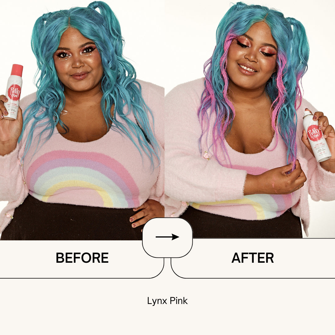 Punky Colour Lynx Pink hair spray transformation – A model with blue hair adds vibrant Lynx Pink highlights using a temporary hair color spray.