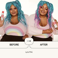 Punky Colour Lynx Pink hair spray transformation – A model with blue hair adds vibrant Lynx Pink highlights using a temporary hair color spray.