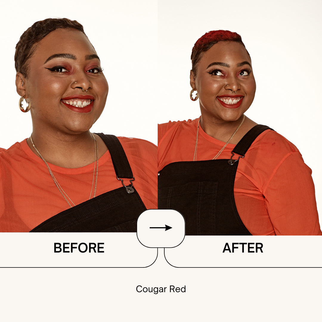 Punky Colour Cougar Red before and after – A side-by-side transformation showcasing temporary red hair spray on short, dark hair.