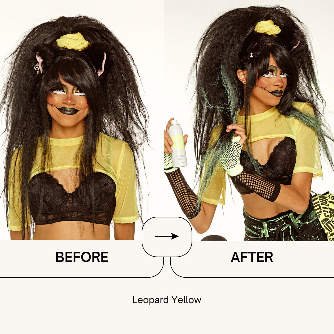 Punky Colour Leopard Yellow Before & After – Bold yellow hair spray adds a vibrant, temporary pop of color to dark hair.