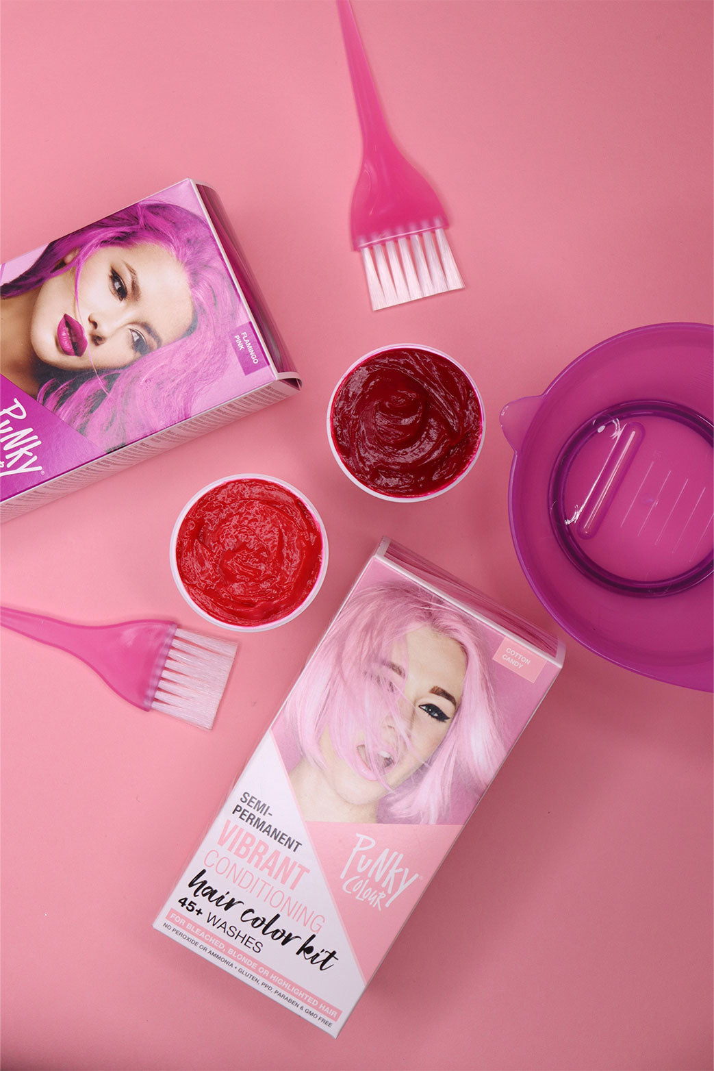 Jars open with brushes and Punky Colour Hair Color Kit displaying 