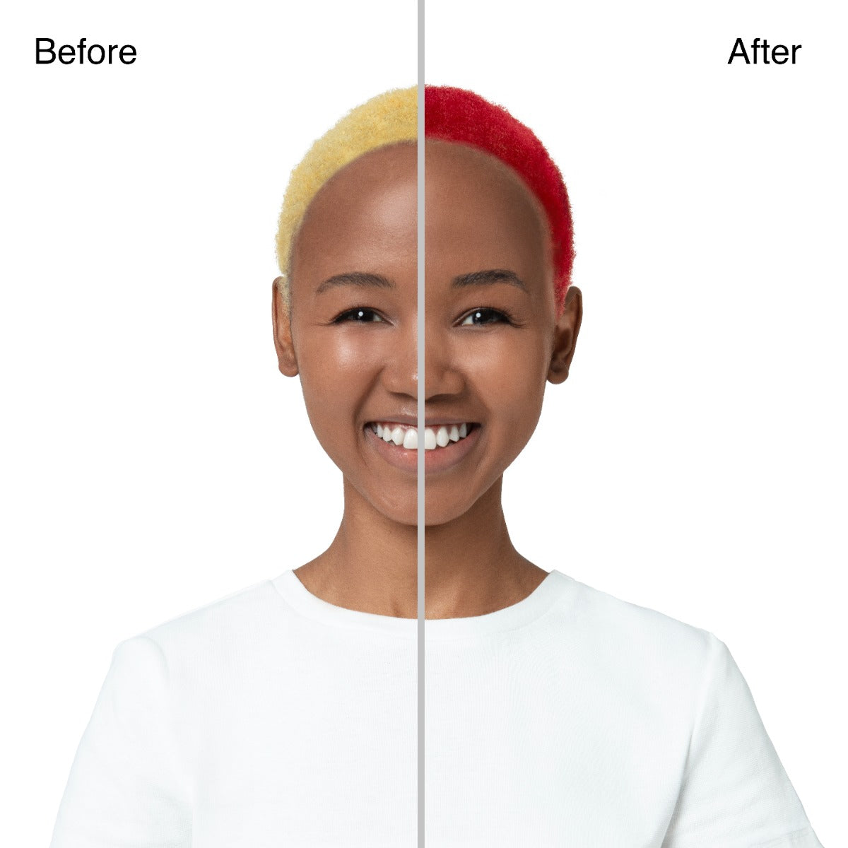 Model with bleached hair before and after shot of the model with Sugar Cloud Licorice red hair color; both images in a split image down the middle
