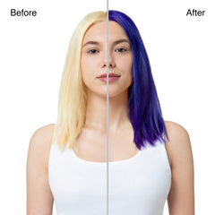 Before and after split photo of a model showing Punky Colour Sugar Cloud Poprock Semi Permanent Foam Color applied on hair