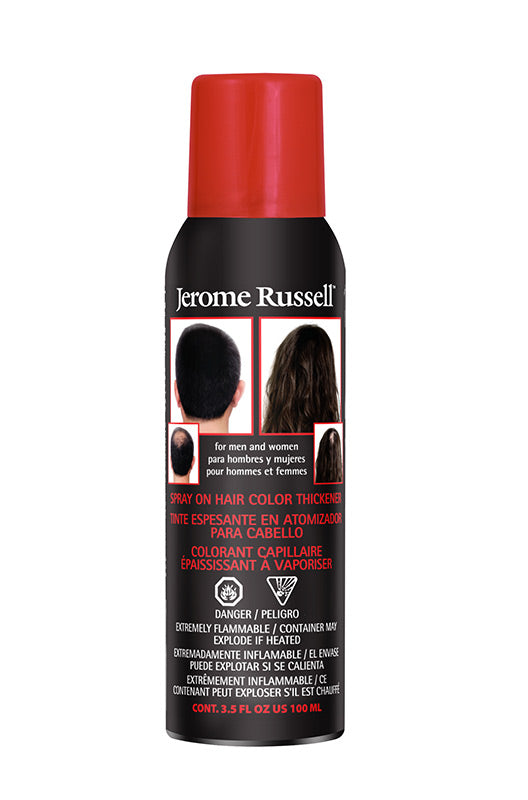 A close-up of the Jerome Russell spray-on hair thickener for men and women, designed to enhance hair volume.